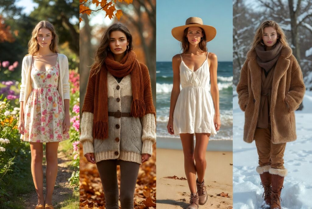 Organized wardrobe with seasonal outfits for women